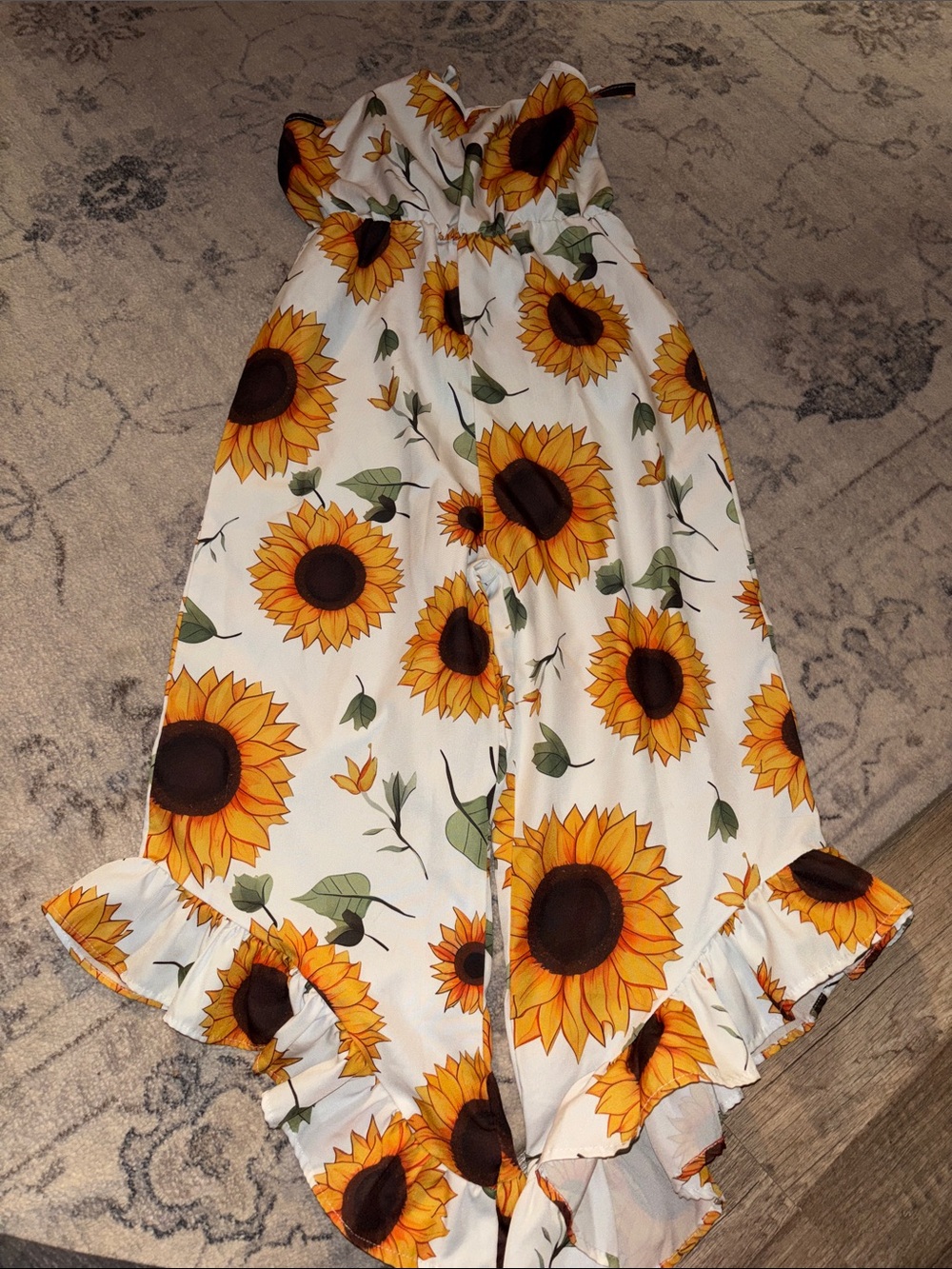 SHEIN White & Yellow Sunflower Print Ruffle Hem One-Piece